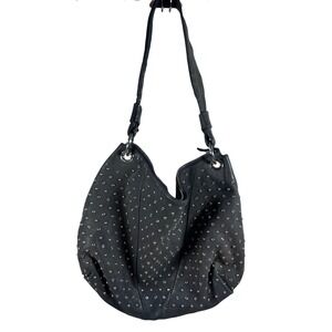 Montini Studded Leather Hobo Bag Large Blue Silver Studs Tassel Womens